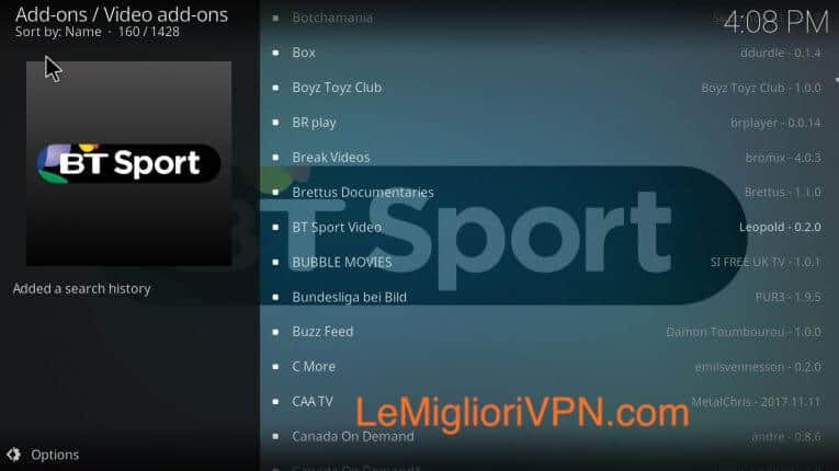 Estensione di Kodi per BT Sport